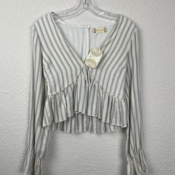 NWT Altar'd State Womans XS Crop Top Striped Long Sleeve Ruffle Hem Zip Up Back - Picture 3 of 9
